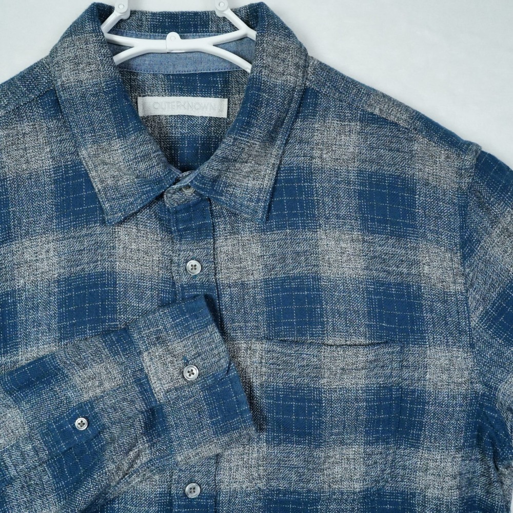 Outerknown Blanket Shirt Mens Medium Blue Grey Plaid Organic Cotton Flannel